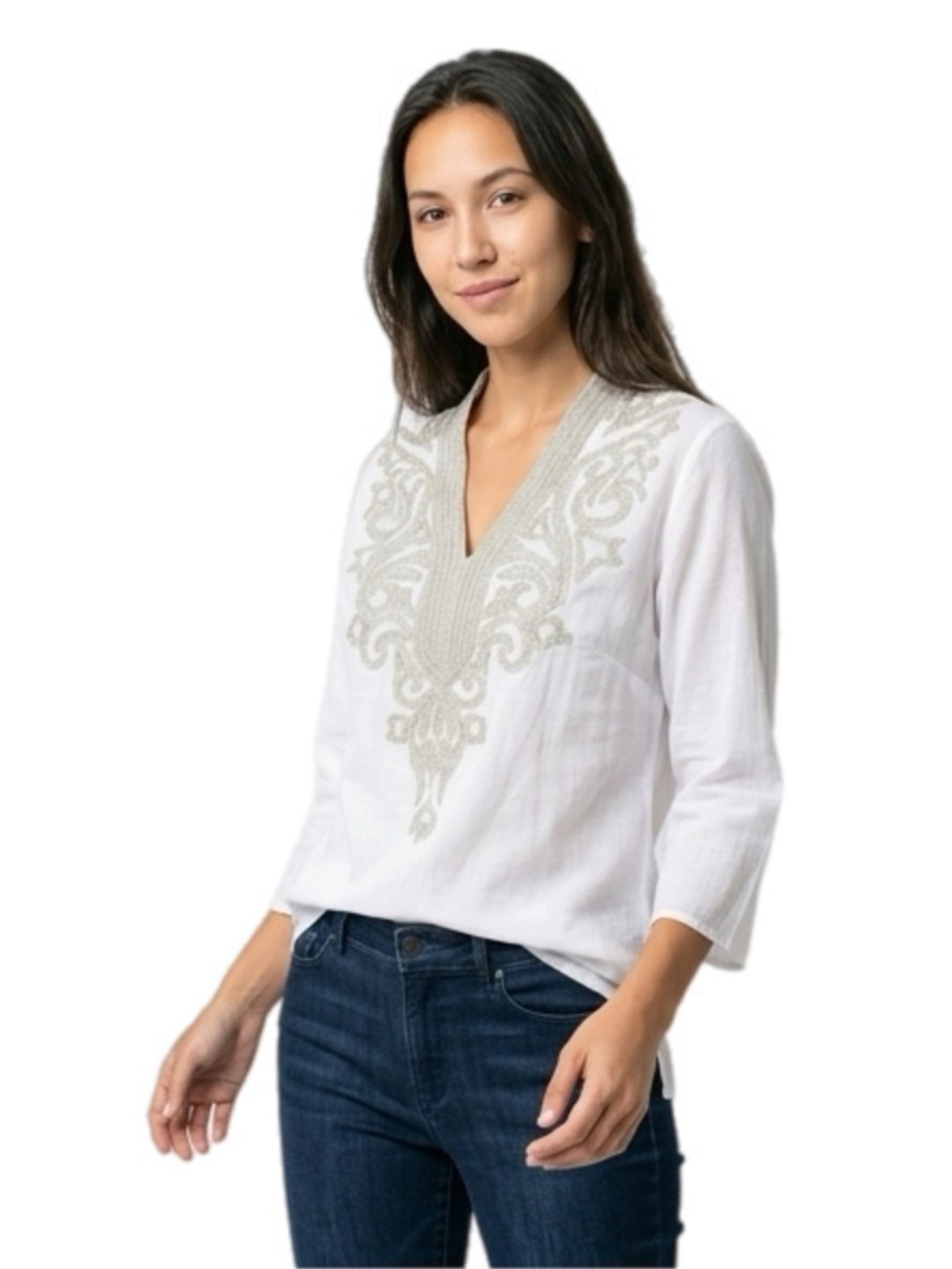 Chico's White V-Neck Tunic with Neutral Embroidery Size 0 P2P 19”